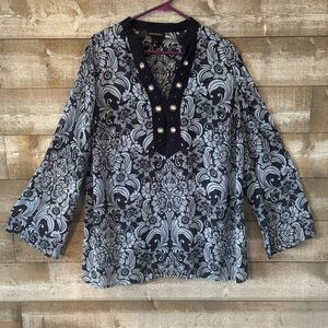 Lane Bryant Blue and White Floral V-Neck Tunic with Decorative Buttons